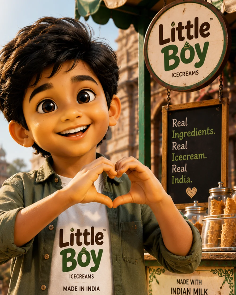The Little Boy mascot making a heart with his hands